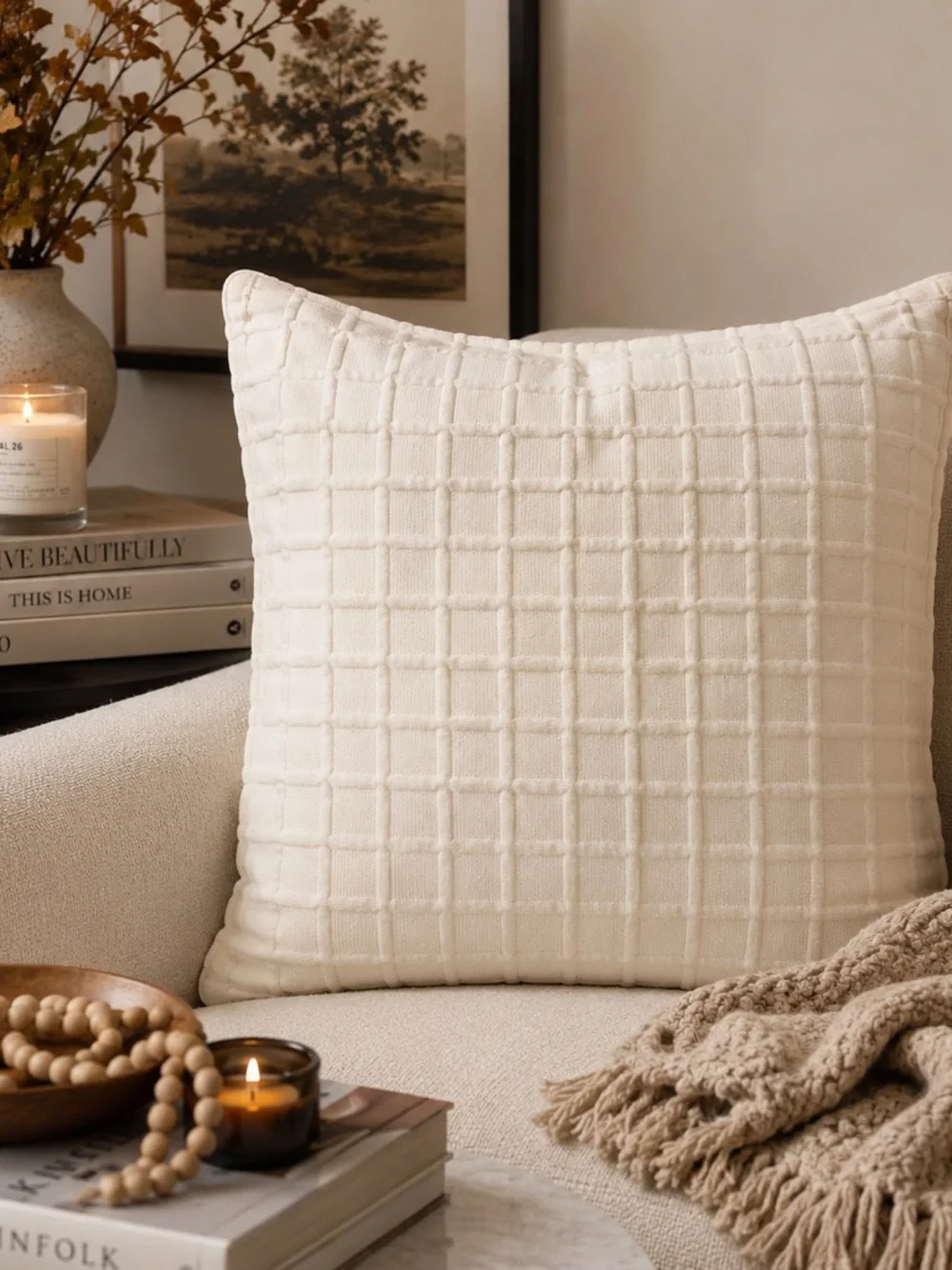 Calvin Klein Cream Quilted Square Throw Pillow Cover 22x22” Neutral
